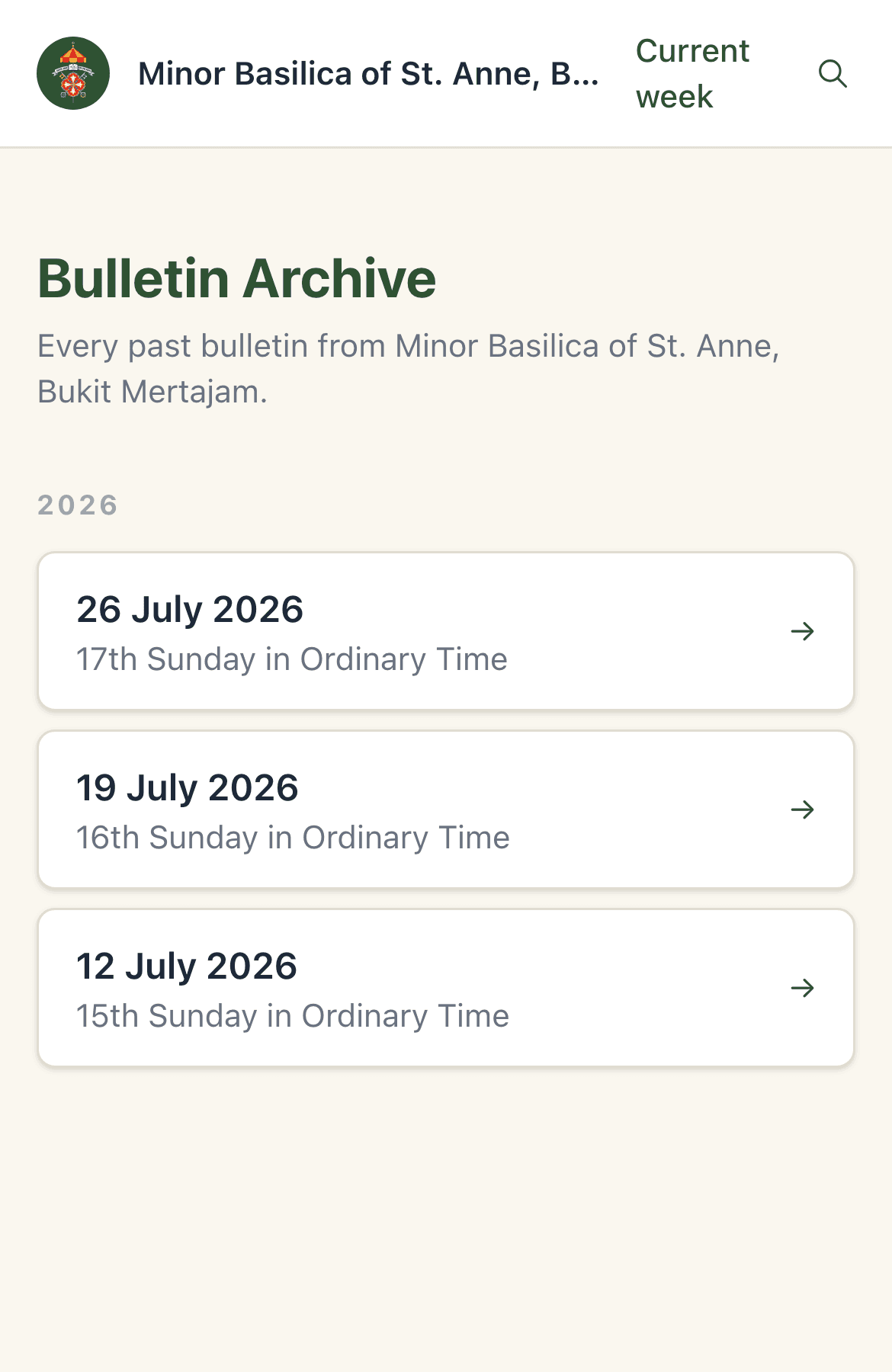 The bulletin archive on a phone, listing every past bulletin grouped by year with its date and liturgical title.